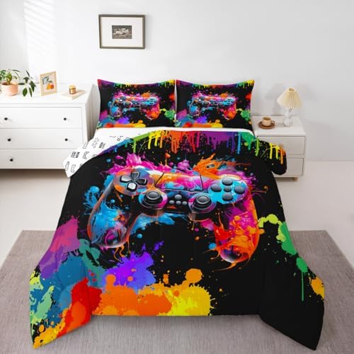 Watercolor Gamepad Comforter Set,Colorful Tid-dye Bedding Set for Kids Girls Women,Adults Modern Video Games Reversible Comforter,Hip-hop Style Quilted Duvet Set Bedroom Collection Twin Size 2Pcs