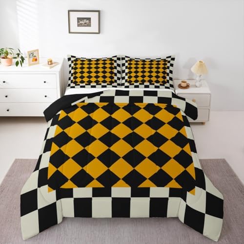 Checkered Geometric Comforter Set Queen Size Beige Yellow Plaid Bedding Set for Kids Boys Girls Checkerboard Modern Aesthetic Duvet Quilt Cute Retro Neutral Bedroom Decor 3 Pcs with 2 Pillow Cases