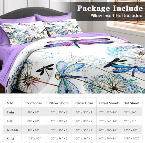 Pamnest Twin Comforter Set with Sheets, 5 Pieces Dragonfly Flower Bedding