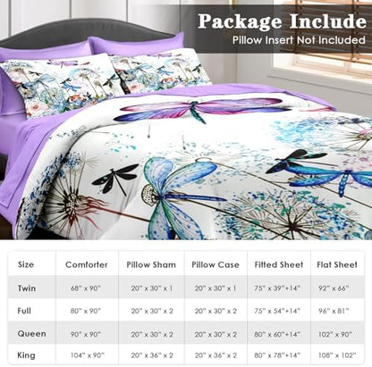 Pamnest Twin Comforter Set with Sheets, 5 Pieces Dragonfly Flower Bedding