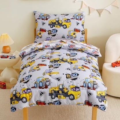 Mooreeke Toddler Bedding Sets for Boys, 4 Pieces Grey Heavy-Duty Vehicles