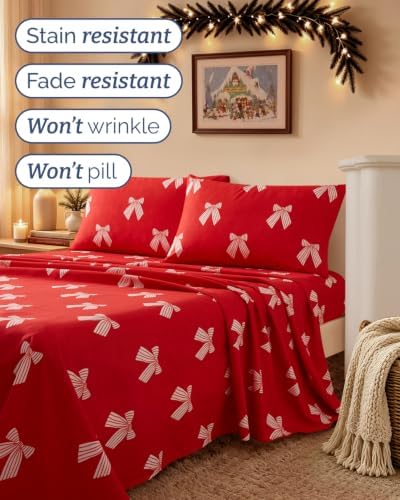 Christmas Sheet Set, Red Ribbon Bows, Holiday Xmas Bedding Set - Queen Size