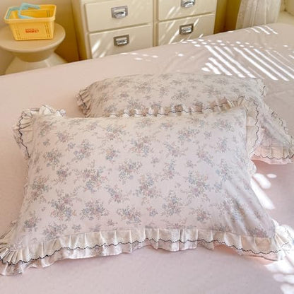 VM VOUGEMARKET Garden Rose Flower Duvet Cover Set Queen Romantic Lace Ruffled Bedding Set Soft Muslin Cotton Bedding,Breathable Linen Like Gauze Comforter Cover with Zipper Closure 90"x90"