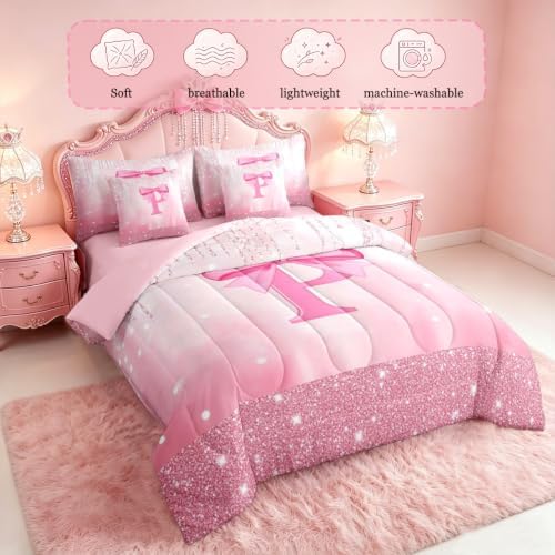 Feelyou Boys Girls Pink Bowknot 7 Pieces Bedding Set King Size, Personalized Initial P Bed in A Bag Kids Princess Glitter Comforter Set with Sheets Bow Monogrammed Teens Bed Set Bedroom Decor 7Pcs