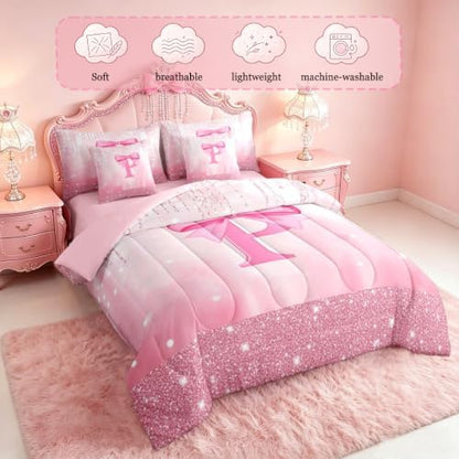 Feelyou Boys Girls Pink Bowknot 7 Pieces Bedding Set King Size, Personalized Initial P Bed in A Bag Kids Princess Glitter Comforter Set with Sheets Bow Monogrammed Teens Bed Set Bedroom Decor 7Pcs