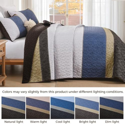 Cottolester Quilt King Size,Brown Blue Striped Plaid Bedsperad Coverlet Set