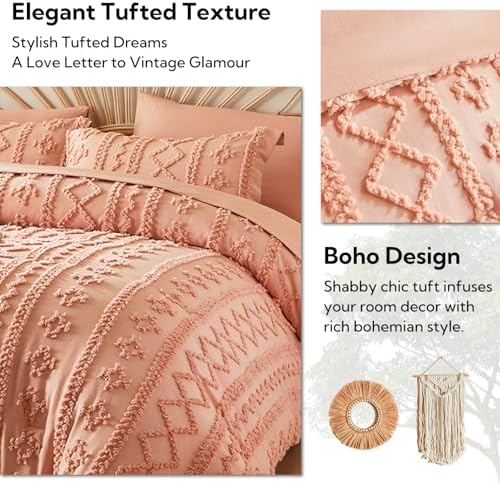 MR&HM King Size Comforter Set 7 Pieces, Boho Tufted Bedding Set Coral Pink