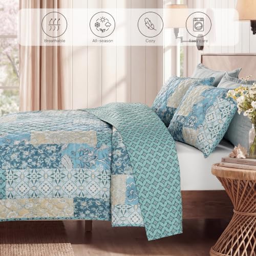 King Quilt Set-3 Pieces Soft Bedding Lightweight Floral Patchwork Coverlet