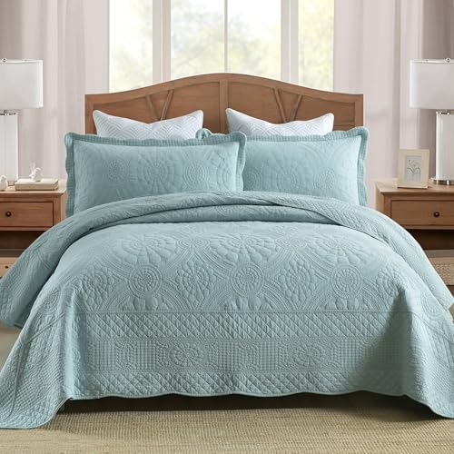 MarCielo 100% Cotton Quilt Set - 3-Piece Embroidered Farmhouse Bedspread & Shams, All-Season Breathable Bedding (Tf Aruba Blue, King)
