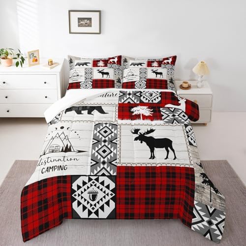 Deer Antlers Bear Kids Comforter Set Twin Size,Plaids Aztec Arrows Patchwork Bedding Set for Boys Girls Adults Room Decor,Rustic Adventure Xmas Down Comforter,Red Retro Duvet Insert,1 Pillowcase