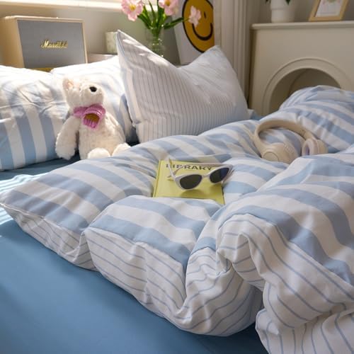 VM VOUGEMARKET Blue Striped Duvet Cover Twin Size Kids Boys Simple Bedding Set Blue White Stripes Duvet Cover with 2 Pillowcases Soft Lightweight Microfiber Farmhouse Comforter Cover-68 x86