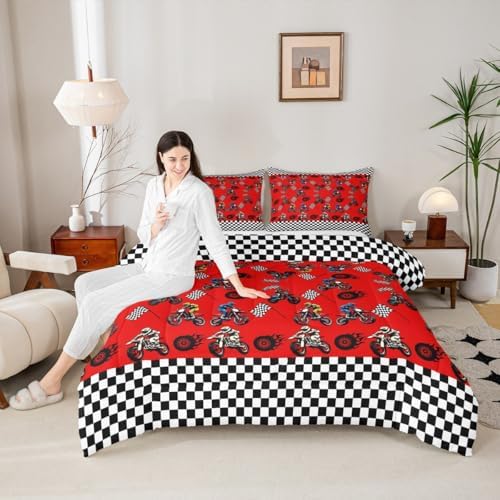 Feelyou Dirt Bike Comforter Set Full Size Racing Motocross Rider Bedding Set for Kids Boys Girls Motorbike Duvet Quilt Motorcycle Bedroom Decor Extreme Sports Microfiber 3 Pcs with 2 Pillow Cases