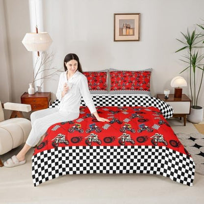 Feelyou Dirt Bike Comforter Set Full Size Racing Motocross Rider Bedding Set for Kids Boys Girls Motorbike Duvet Quilt Motorcycle Bedroom Decor Extreme Sports Microfiber 3 Pcs with 2 Pillow Cases