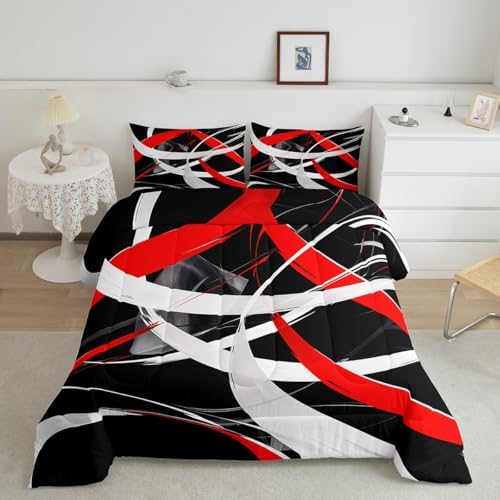 Feelyou Red Gray Black Comforter King Size, Kids Geometrics Comforter Set Boys Girls Stripes Lines Comforter Abstract Duvet Insert with 2 Pillow Case