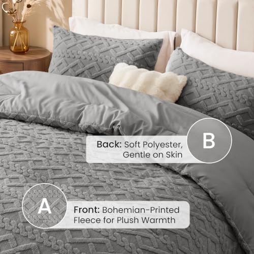 Love's cabin Fleece Queen Comforter Set, Fluffy & Reversible, Dark Grey