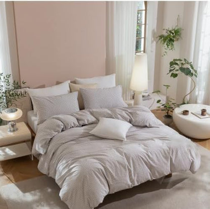 JIYUAN Oversized King Washed Cotton Duvet Cover Set, Linen-Like Pinstripe