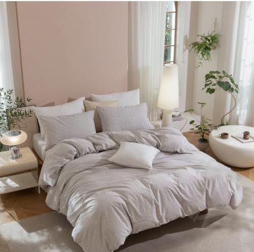 JIYUAN Twin Washed Cotton Duvet Cover Set, 2-Piece, Linen-Like Pinstripe