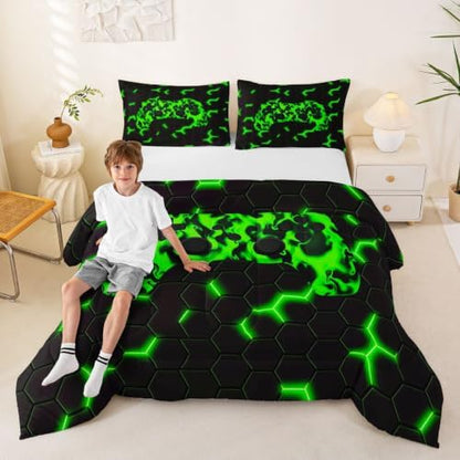 Erosebridal Gamer Comforter Set for Boys & Teens - Geometric Honeycomb Hexagon Pattern - Twin Size Gaming Bedding Set - Green & Black Duvet Set