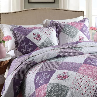 HoneiLife Quilt Set Queen Size - 3 Piece Microfiber Reversible Bedspreads Patchwork Coverlets Floral Bedding Set All Season Quilts with Geometric and Little Rose Print Pattern
