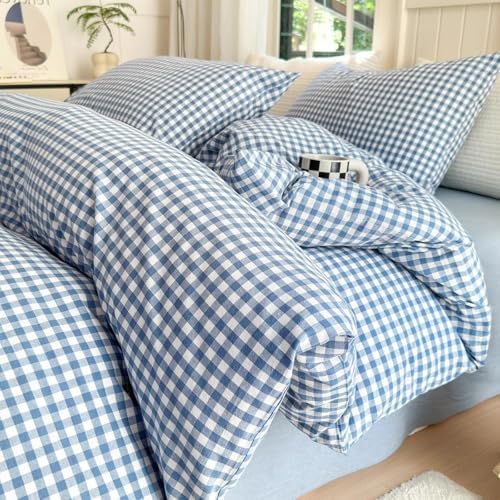 LifeTB Blue Gingham Comforter Set Full Size Modern Checkered Plaid Comforter Set 3 Pieces Blue Grid Bed Comforter with 2 Pillowcases Soft Fluffy Farmhouse Grid Plaid Bedding Set for All Seasons
