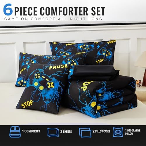ZRNBAST Twin Size Bedding Set for Boys Blue Gaming Comforter Set 6 Pieces Bed in A Bag Lightning Gamer Bed Set with Sheets Microfiber Game Console Bedroom Decor(Blue,Twin)