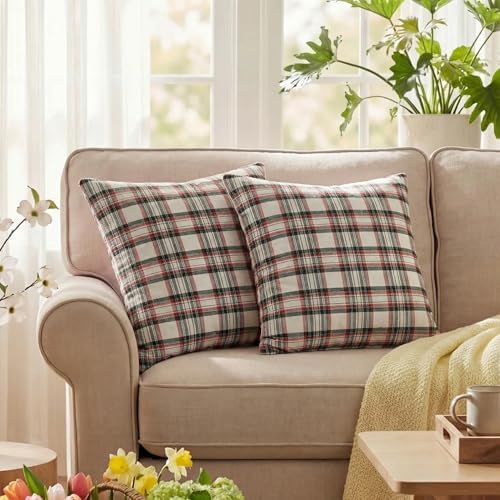 AVOIN colorlife Spring Summer White Red Green Plaid Decorative Throw Pillow Covers, 18 x 18 Inch Holiday Scottish Tartan Cushion Case Farmhouse Decoration for Sofa Couch Set of 2