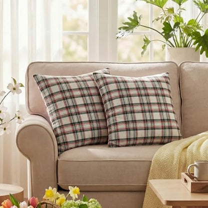 AVOIN colorlife Spring Summer White Red Green Plaid Decorative Throw Pillow Covers, 18 x 18 Inch Holiday Scottish Tartan Cushion Case Farmhouse Decoration for Sofa Couch Set of 2
