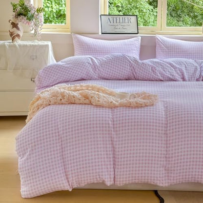 NSNLGSGC Pink Gingham Duvet Cover Set, Twin