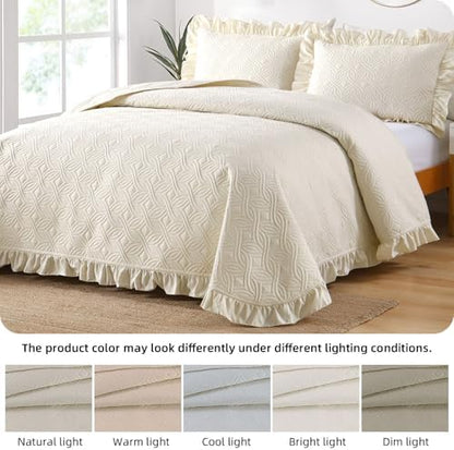 DJY Queen Size Quilt Sets, Beige Soft Bed Summer Quilt, Ruffled Bedding Set