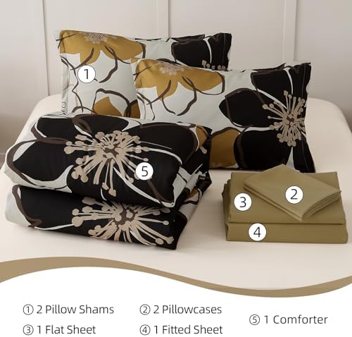 Anibedding 7 Pieces Floral Comforter Set Queen Size, Brown Black Flower Bedding Set Botanical Bed in a Bag Soft Microfiber Comforter Set with Sheets for All Season