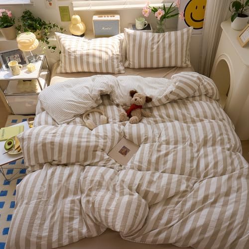 VM VOUGEMARKET Kids Teens Twin Duvet Cover Set Khaki Striped Bedding Set Khaki White Stripes Duvet Cover with 2 Pillowcases Soft Lightweight Microfiber Farmhouse Comforter Cover-68 x86