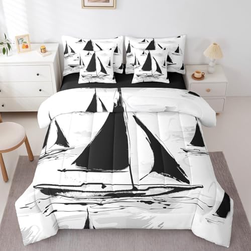 Erosebridal 7Pcs Black Sailboat Comforter Set King Size,Sailing Ship Pirate Themed Bedding Set,Nautical Vintage Sailboat Bed in A Bag,Black Sketch Tie Dye Sheet Set with Comforter