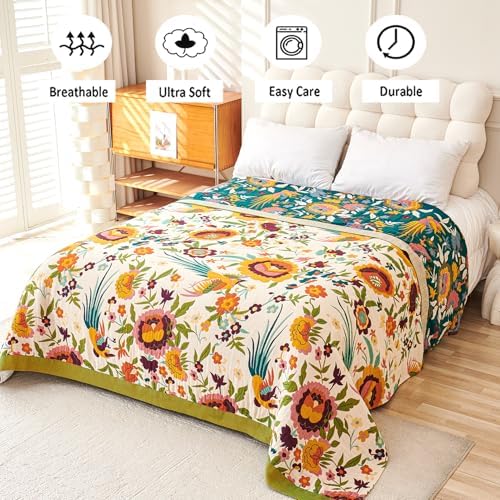 VANJOROY Boho Throw Blanket, 100% Organic Cotton Breathable Ultra Soft 91" x 98" Bed Quilt Throw - All Season Floral Rustic Farmhouse Decor Luxury Reversible Blanket for Sofa Couch Chair and Gift