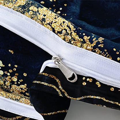 Dark Blue Marble Duvet Cover Set Queen Size Golden foil Bedding Comforter Covers Marbling Bed Set with 2 Pillow Shams Breathable Durable Soft Comfy
