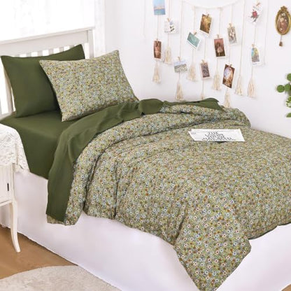 Wake In Cloud - Floral Comforter Set with Sheets, Cute Vintage Flower Cottagecore Aesthetic for Women Teen Girls, 5 Pieces Bed in a Bag, Olive Green, Twin Size