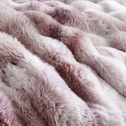 Wonderful - 3 Pieces Faux Rabbit Fur Comforter Set King Size, Purple Pink Tie Dye Plush Bedding Set, 3D Sculpted Bubble Warm Fluffy Comforter for Winter