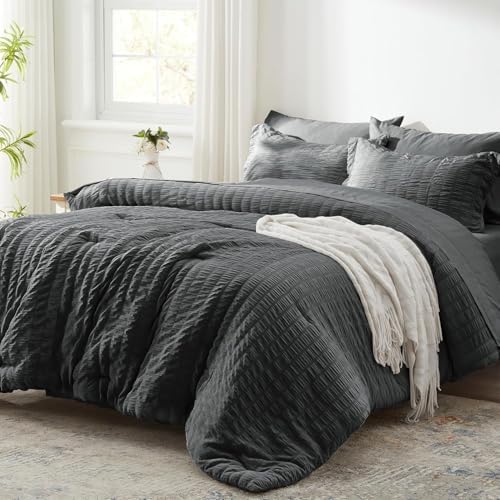 Full Size Comforter Sets 7 Piece, Dark Grey Bed in a Bag Full Bedding Set