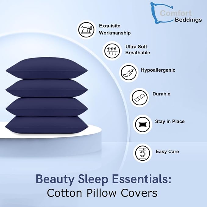 Comfort Beddings Queen Pillowcases Set of 4 – 100% Organic Cotton, 600 Thread Count Sateen, Soft & Comfy Pillow Covers with Envelope Closure, Blue, Queen Size 20 x 30 Inches