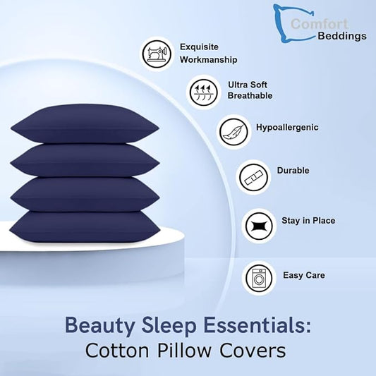Comfort Beddings King Pillowcases Set of 4 – 100% Organic Cotton, 600 Thread Count Sateen, Soft & Comfy Pillow Covers with Envelope Closure, Blue, King Size 20 x 36 Inches