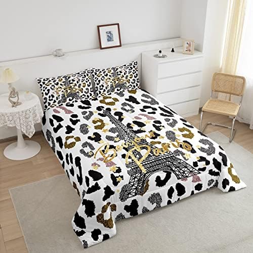 Feelyou Eiffel Tower Comforter Set Leopard Print Bedding Set for Kids Boys Girls Paris Tower Comforter Cheetah Print Quilt Set 1 Comforter Set with 2 Pillowcases Full Size