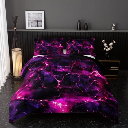 Nttopship Pink Comforter Set King Size，Pink Marble Bedding Set 3 Pcs Bedding for Adults, Marble Room Decor with Comforter and 2 Pillowcases Soft and Lightweight B-Side Black