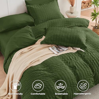 HYMOKEGE Olive Green Oversized Queen Comforter Set Seersucker 7 Pieces, All Season Luxury Bed in a Bag for Bedroom, Bedding Set with Comforter, Sheets, Pillowcases & Shams