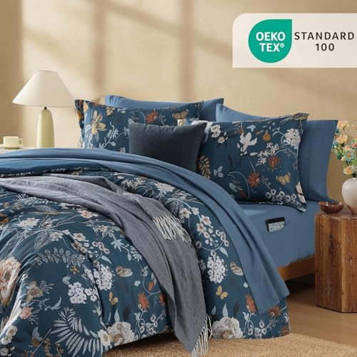 King Size Comforter Set- 7 Pieces Blue Floral Bed in a Bag King Bedding Set