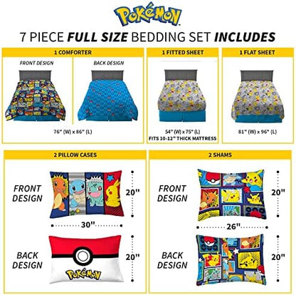 Franco Pokémon Pikachu Full Size Bedding Set – Kids Bedding Super Soft Cozy Reversible Comforter and Sheet Set with Sham, 7 Piece Full Size, (Officially Licensed Product)