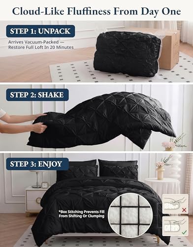 LANE LINEN 7 Piece California King Comforter Set Microfiber Pintuck - Black