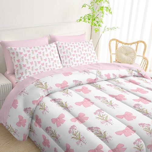 QOOMO Bow 7 Pieces Comforter Set Twin Size,Floral Bowknot Bedding Set