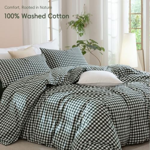 JIYUAN Super Queen Washed Cotton Duvet Cover SetClassic Gingham