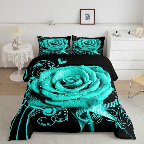 Feelyou Teal Rose Floral Comforter Set Queen Size