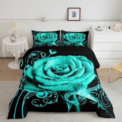 Feelyou Teal Rose Floral Comforter Set Queen Size