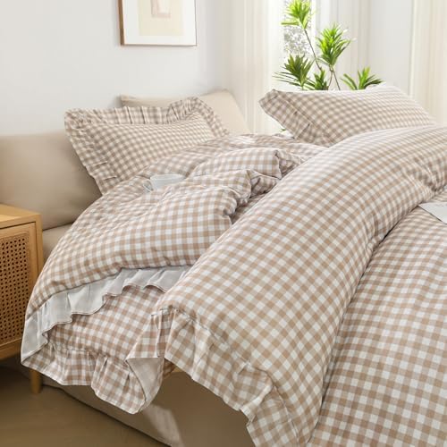 Andency Tan Gingham Ruffle Comforter Twin, 2 Pieces Vintage Bedding